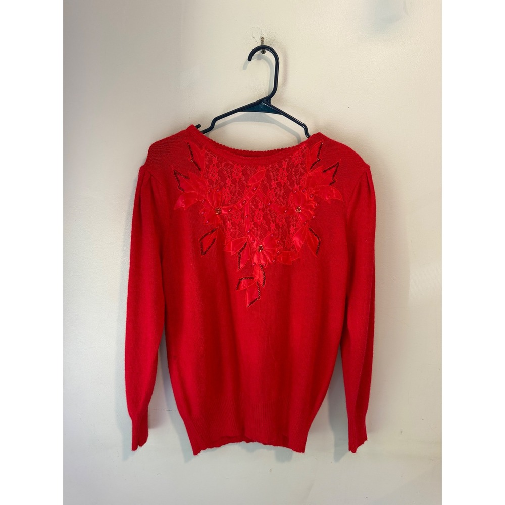 Donagain Vintage Red Lace Floral Applique Beaded Knit Sweater Womens Medium